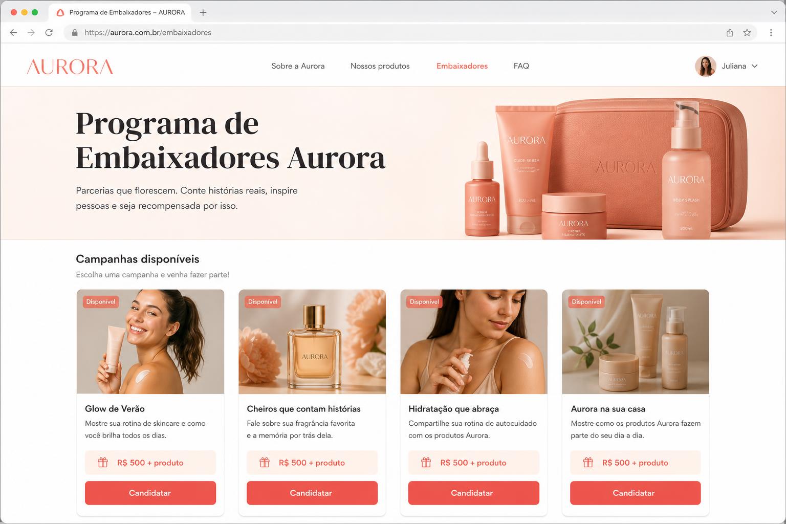 Exemplo de página pública de embaixadores Aurora