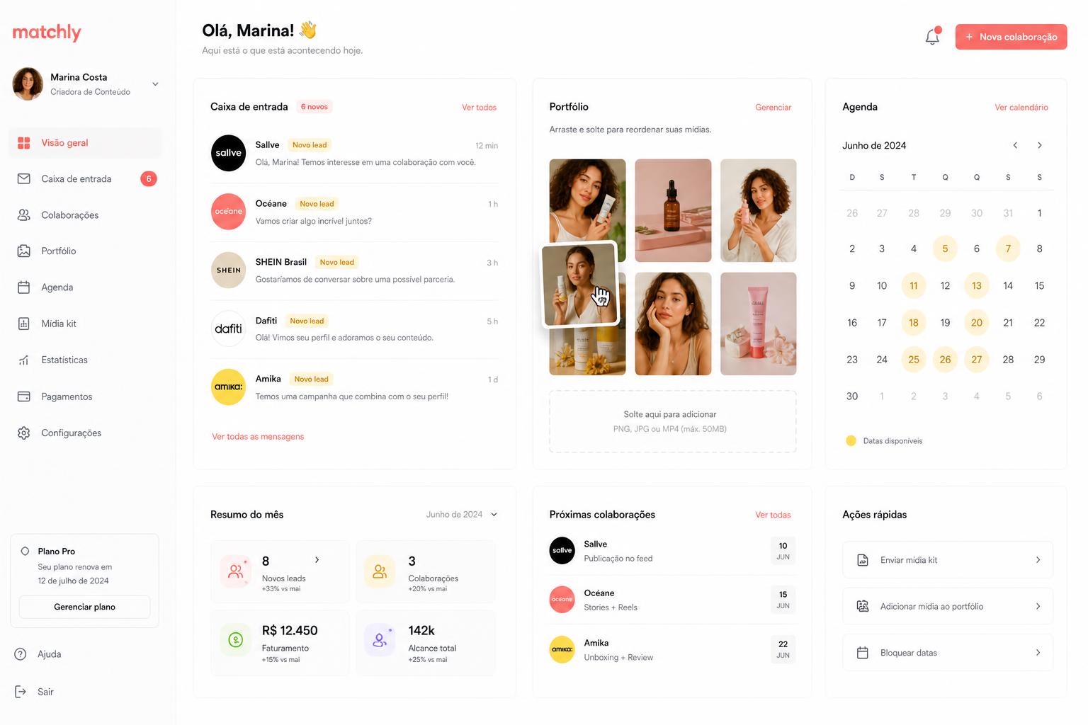 Painel do creator com inbox de leads, portfólio e agenda